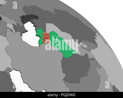 Il Turkmenistan sul grigio globo politico con embedded bandiera. 3D'illustrazione. Foto Stock