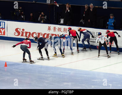 Otto maschio internazionali di short track pattinatori di velocità alla linea di partenza in un ISU WORLD CUP 1500 metri di gara a Montreal nel marzo 17, 2018. Foto Stock