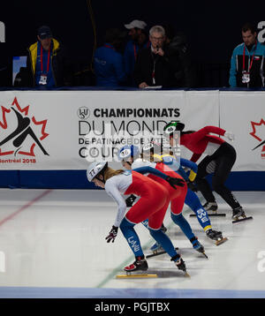 Quattro femmine di short track pattinatori di velocità dalla Repubblica ceca, dalla Svezia e Singapore alla linea di partenza con i funzionari mostrato in Montreal. Marzo 2018. Foto Stock