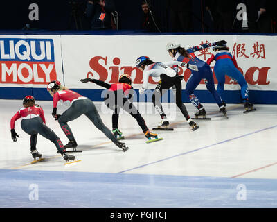 Sei internazionale pattinatori femmina in linea di partenza per ths 500 metri di short track race alla ISU World Cup a Montreal il 17 marzo 2018. Foto Stock