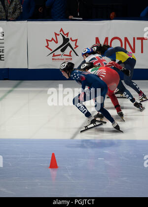 Quattro femmine di short track pattinatori di velocità da parte degli Stati Uniti, della Bulgaria, della Gran Bretagna e dell'Ucraina all'inizio di una gara di Montreal. Foto Stock