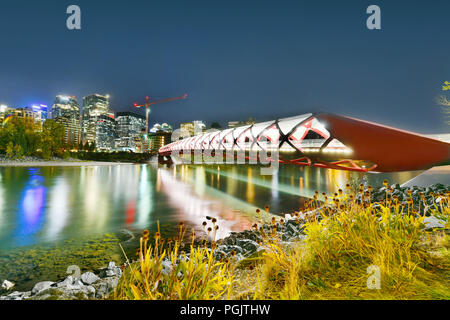 Ponte di pace con il Fiume Bow e parte del centro cittadino di Calgary in Alberta Canada di notte Foto Stock