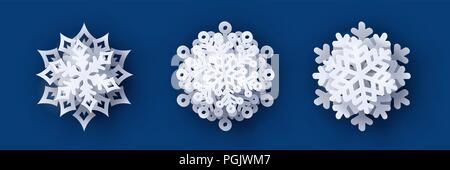 Set di vettore di 3 carta tagliata di fiocchi di neve con ombra Illustrazione Vettoriale