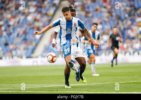 Spagna - 26 agosto: RCD Espanyol defender Mario Hermoso (22) e Valencia CF avanti Michy Batshuayi (23) durante il match tra RCD Espanyol v Valencia per il round 2 della Liga Santander, suonato a Cornella-El Prat Stadium il 26 agosto 2018 a Barcellona, Spagna. (Credit: Urbanandsport / Cordon Premere) Credito: CORDON PREMERE/Alamy Live News Foto Stock