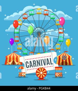 Carnival fun park poster. Parco dei divertimenti di banner con circo e luna park elementi, divertire festival progettazione grafica, illustrazione vettoriale Illustrazione Vettoriale