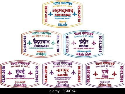 Set di stilizzati passaporto francobolli per i maggiori aeroporti di India occidentale in formato vettoriale. Illustrazione Vettoriale