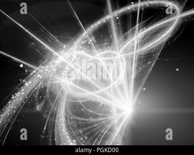 Incandescente traiettorie interstellare nello spazio con sorgente luminosa, generato dal computer sfondo astratto, bianco e nero, rendering 3D Foto Stock