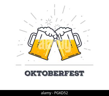 October Fest concetto. Due gig con occhiali giallo fresca birra dal vivo e di schiuma bianca, e bolle. Lo stile di linea piatta illustrazione vettoriale. Festa della Birra conc Illustrazione Vettoriale