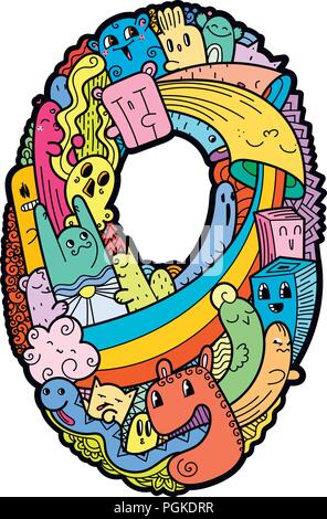 Numero Zero. Disegnata a mano doodled kids numeri. Carino monstred numeri, simboli matematici. Illustrazione Vettoriale per il web, design, decorazione, istruzione, stampe, Illustrazione Vettoriale