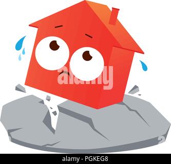 Casa sul terremoto. Casa dei cartoni animati che trema dal disastro naturale. Assicurazione domestica per il terremoto. Illustrazione vettoriale Illustrazione Vettoriale