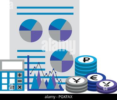 Business report finanziari calcolatrice grafico delle monete in euro Illustrazione Vettoriale