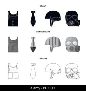 Giubbotto antiproiettile, miniera, casco, maschera a gas. Militare esercito e set di icone di raccolta in nero,monocromatico, Outline stile simbolo vettore illustrazione stock . Illustrazione Vettoriale