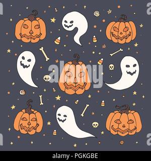 Vettore set di Halloween con zucche arancione, fantasmi con facce spaventoso, ossa e di teschi e di cereali caramellati nel disegno stile. Disegnata a mano in autunno la raccolta di vacanza Illustrazione Vettoriale