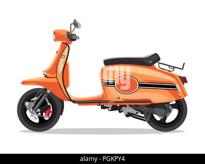 Vector Orange scooter retrò, in stile appartamento vista laterale. Ciclomotore per la consegna, scooter per il turismo Illustrazione Vettoriale