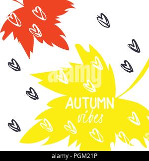 Foglie di autunno con il testo su un lato dello sfondo disegnato. Modello astratto. Luminoso appartamento cadono le foglie. Poster, scheda, etichetta, banner design. Autunno vibes tipografia preventivo. Illustrazione Vettoriale Illustrazione Vettoriale