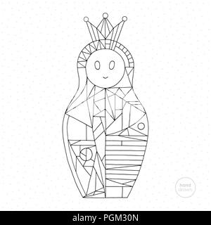 Matrioska libro da colorare. Bambola di Nesting illustrazione vettoriale. Disegnata a mano con carattere corona. Illustrazione Vettoriale