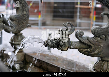 Fantasia di bronzo pesci alla fontana del XVI secolo nella città di Ulm, Germania, che sputano acqua Foto Stock
