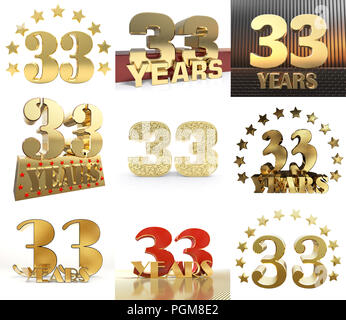 Impostare il numero di trenta tre anni (33 anni) la celebrazione del design. Anniversario numero d'oro agli elementi del modello per la tua festa di compleanno. 3D'illustrazione. Foto Stock