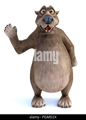 3D rendering di un affascinante sorriso orso cartoon salutando. Sfondo bianco. Foto Stock