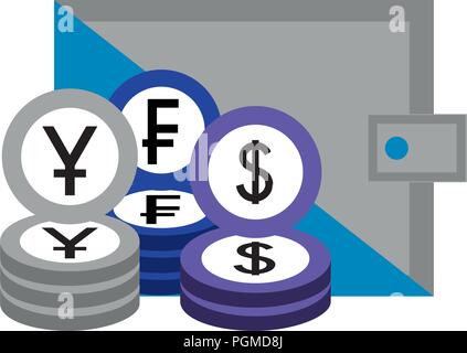 Portafoglio di business delle monete in valuta franc dollar yen Illustrazione Vettoriale