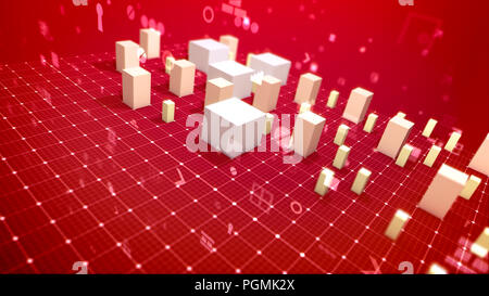 Un incredibile 3d illustrazione di un business bar chart e segni di computer tra cui la staffa angolare, numero, dollar e percentuale aspirata askew red backg Foto Stock