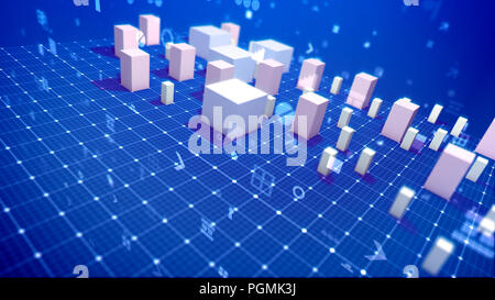 Un incredibile 3d illustrazione di un grafico a barre con aumento di forma rettangolare e cubi colonne business significato alcuni indicatori aziendali nel blu backgroun Foto Stock