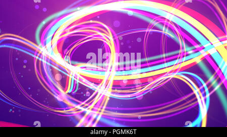 Un eccitante 3d illustrazione di colorati rainbow tratti ondulata di formazione spire e loop in viola sullo sfondo. Qualche bolla in cerca di punti sono lievitati hila Foto Stock