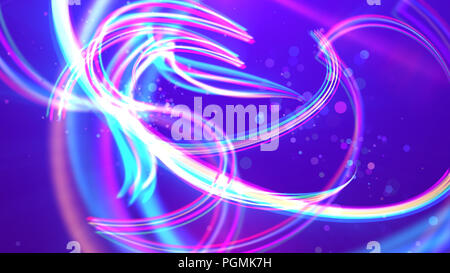 Una splendida 3d illustrazione di colorati strisce arcobaleno di sagomatura e divertenti curva curve e anse in sfondo violetto. Molti cristallino macchie chiare Foto Stock