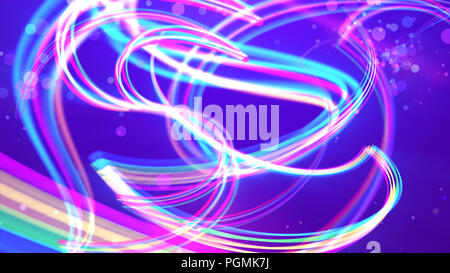Un psichedelico 3d illustrazione di colorati strisce arcobaleno sagomatura curva curve e anse in sfondo violetto. Essi coprono diversi simboli di dollaro Foto Stock