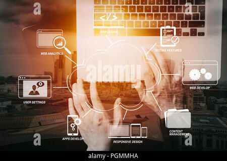 Lo sviluppo di programmazione e tecnologie di codifica con sito web design nel diagramma virtuale.cyber security internet e networking concetto.imprenditore mano Foto Stock