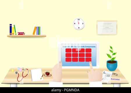 Medico è in possesso di tablet in mano in ufficio. L'iscrizione record medici elettronici componenti si trova sulla schermata di tablet pc. È possibile scrivere il testo Illustrazione Vettoriale