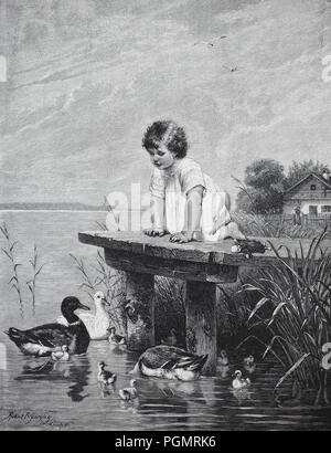 Bambina si inginocchia su un molo del lago e gli orologi di una famiglia di anatra, digitale migliorata la riproduzione di una xilografia a partire dall'anno 1880 Foto Stock