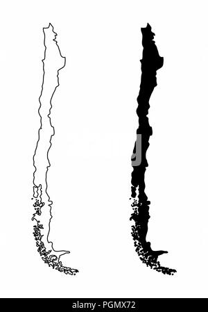 Mappe semplificata del Cile. In bianco e nero dei contorni. Illustrazione Vettoriale