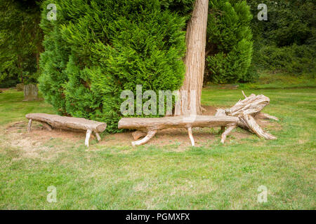 Rustico realizzato da banco dal tronco di albero in un giardino erboso REGNO UNITO Foto Stock