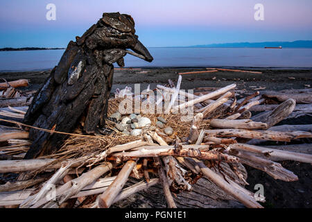 Raven - Driftwood Arte da Paul Lewis - Esquimalt Laguna, Victoria, Isola di Vancouver, British Columbia, Canada Foto Stock