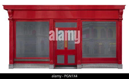 Storefront facciata con red vista frontale in legno. Due vetrine e una porta nel mezzo isolato su sfondo bianco Foto Stock