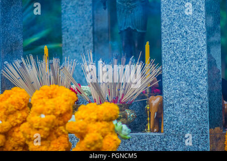 Brahma cerimonia di culto con ruota alla calendula fiori e incenso stick Foto Stock