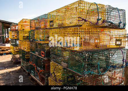 Lobster Pot e boe sul dock presso il gufo di testa, Maine Foto Stock