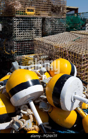 Lobster Pot e boe sul dock presso il gufo di testa, Maine Foto Stock