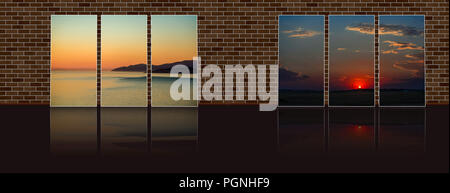 Sul pavimento vicino al muro di mattoni trittico foto con Crimson Red Sunset over la collina con una silhouette nera di una antica torre e la costruzione Foto Stock