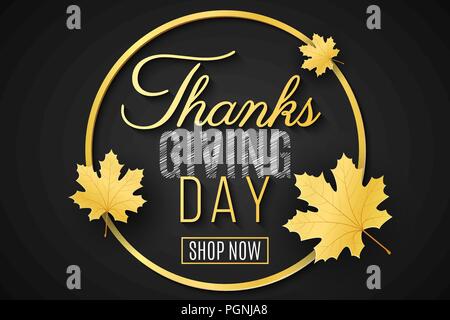 Felice giorno del Ringraziamento. Banner per il tuo design. Biglietto di auguri. Foglie di acero. La calligrafia e scritte. Autunno poster per la vendita. Illustrazione Vettoriale Illustrazione Vettoriale