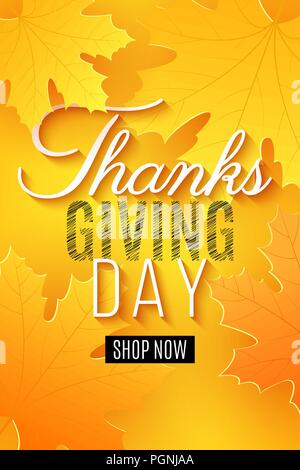 Felice giorno del Ringraziamento. Poster per la vendita. Il messaggio di saluto della scheda di invito. La calligrafia e scritte. Autunno banner web. Illustrazione Vettoriale. EPS 10 Illustrazione Vettoriale