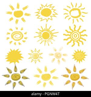 Vettore divertente doodle suns. Disegnata a mano impostato. Illustrazione Vettoriale