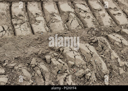 ATV tracce di pneumatici a fianco a fianco nella sporcizia profondamente testurizzato Foto Stock