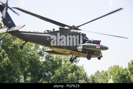 FORT KNOX, Ky. - Un 244Brigata aerea (Stati Uniti) HH-60M Ospedale Blackhawk vola sopra il campo di allenamento durante un'aria evacuazione medica (MEDEVAC) formazione, con il primo teatro supporto comando (TSC) Luglio 12. Il 1° TSC soldati imparato come costruire e utilizzare un canale singolo e massa Airborne Sistema Radio, valutare un pronto soccorso e eseguire tactical cura richiesta, medevac sostegno e la sicurezza degli aeromobili nonché antenna tattico delle operazioni di volo. (U.S. Foto dell'esercito dal sig. Brent Thacker) Foto Stock