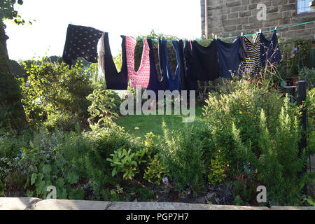 Lavaggio e asciugatura su una linea di lavaggio in un cottage di campagna piccolo giardino frontale in Inghilterra Foto Stock