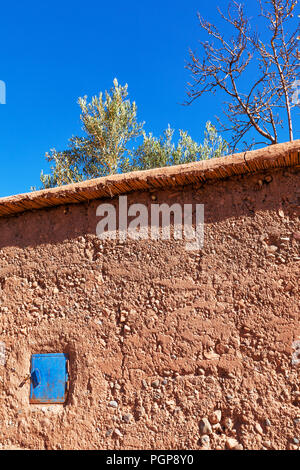 Adobe fango parete esterna con blu piccola finestra chiusa otturatore che corrisponde il luminoso cielo blu. Cerca fino a visualizzare tree tops da un giardino interno Foto Stock