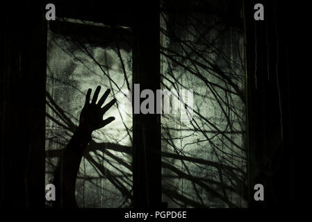 Sfondo per la festa di Halloween di design. Stagliano i rami degli alberi. Notte oscura. La mano del furfante al di fuori della finestra Foto Stock