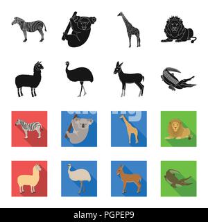 Lama, struzzo emu, giovane antilope, coccodrillo animale. Selvatica Animali, uccelli, rettili set di icone di raccolta in nero,flet stile simbolo vettore stock illustrat Illustrazione Vettoriale