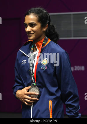 Jakarta, Indonesia, 28 agosto 2018: Badminton: India Star Shuttler Sindhu risolta per l argento dopo donne singoli finali in giochi asiatici a Jakarta il martedì. SESHADRI SUKUMAR Credito: Seshadri SUKUMAR/Alamy Live News Foto Stock